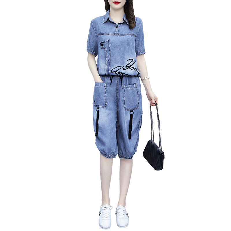 Denim Casual Suit for Women Summer Slimming Two-Piece Set