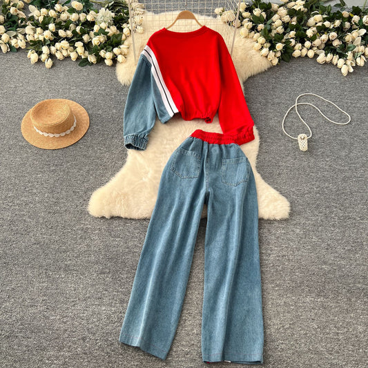 Denim Color-Blocked Sweatshirt and Wide-Leg Pants Set