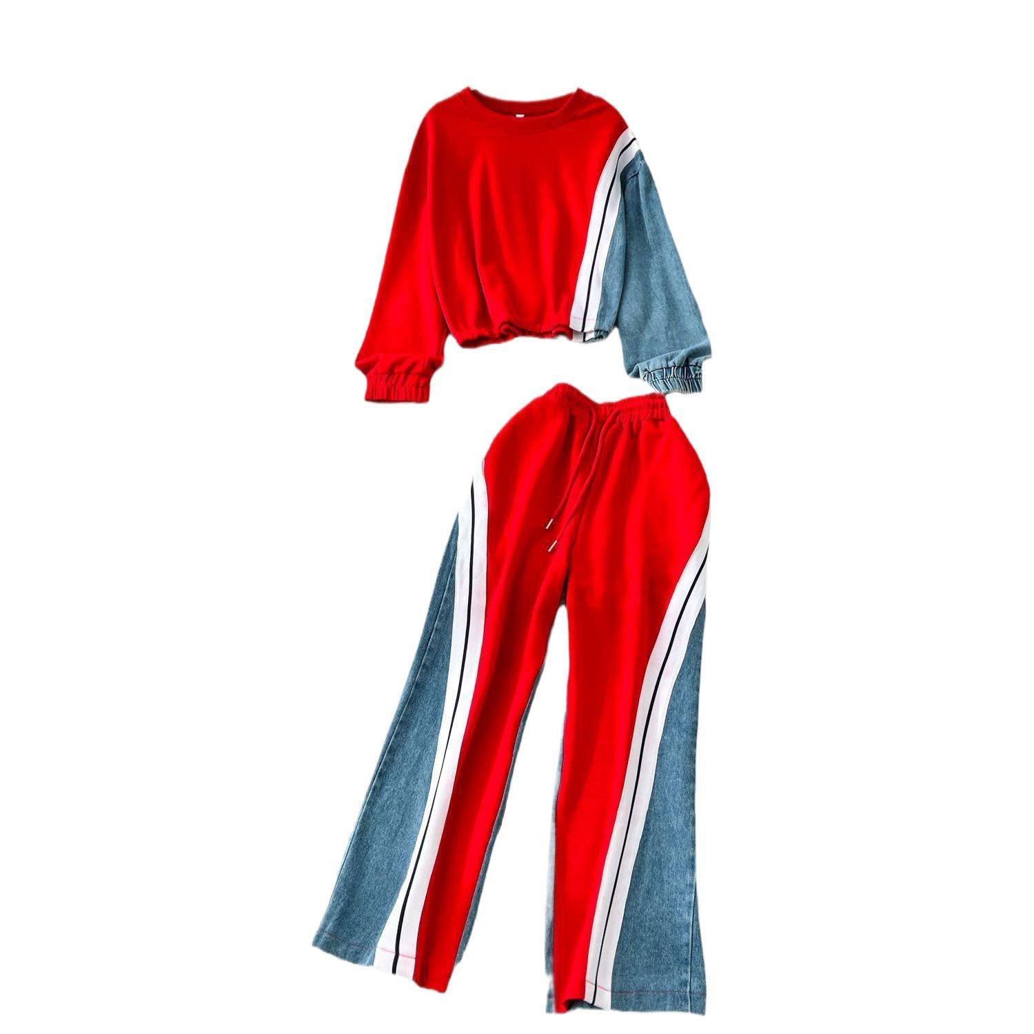 Denim Color-Blocked Sweatshirt and Wide-Leg Pants Set