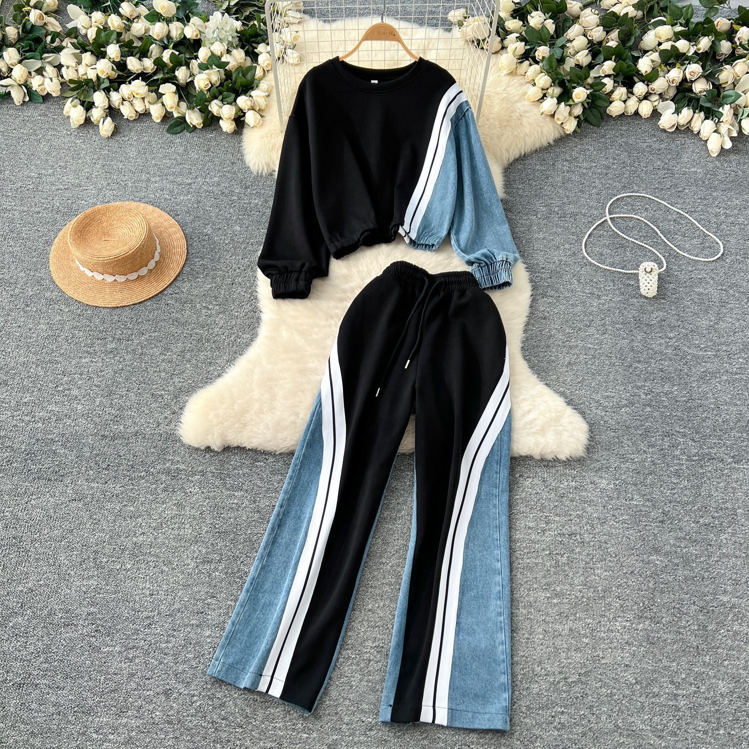 Denim Color-Blocked Sweatshirt and Wide-Leg Pants Set