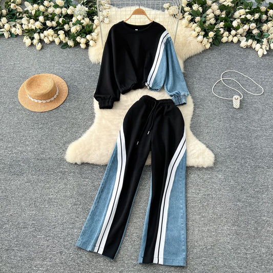 Denim Color-Blocked Sweatshirt and Wide-Leg Pants Set