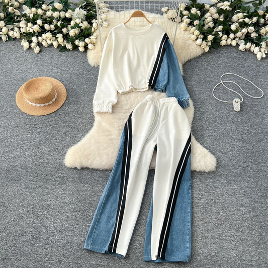 Denim Color-Blocked Sweatshirt and Wide-Leg Pants Set