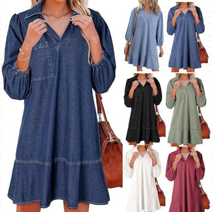 Denim Dress with V-Neck and Puff Sleeves