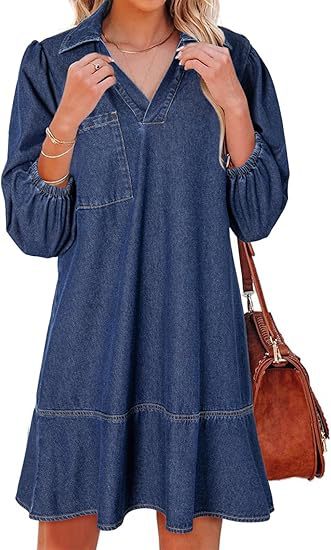 Denim Dress with V-Neck and Puff Sleeves