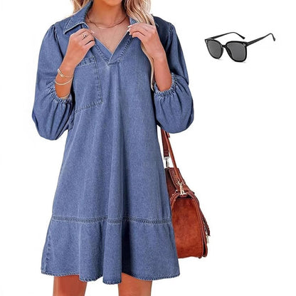 Denim Dress with V-Neck and Puff Sleeves