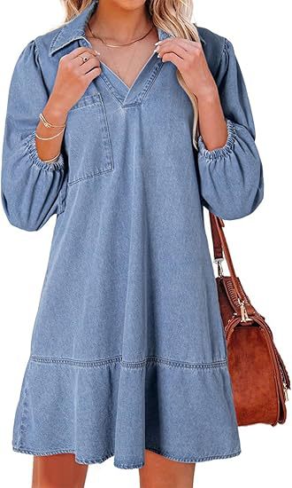 Denim Dress with V-Neck and Puff Sleeves