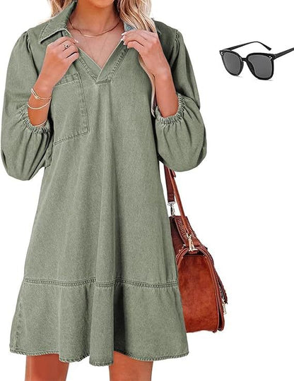 Denim Dress with V-Neck and Puff Sleeves
