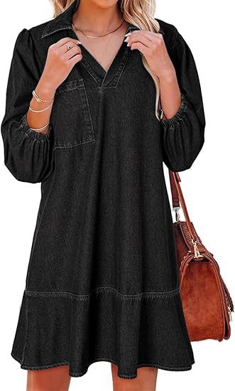 Denim Dress with V-Neck and Puff Sleeves