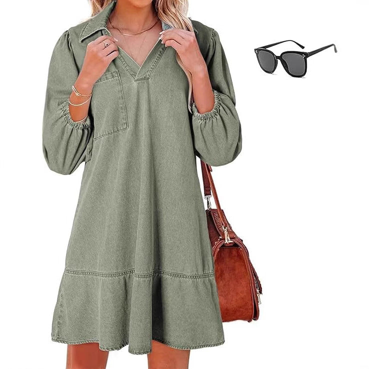 Denim Dress with V-Neck and Puff Sleeves