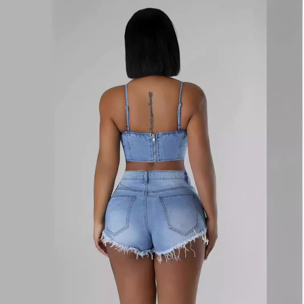 Denim halter top and shorts set