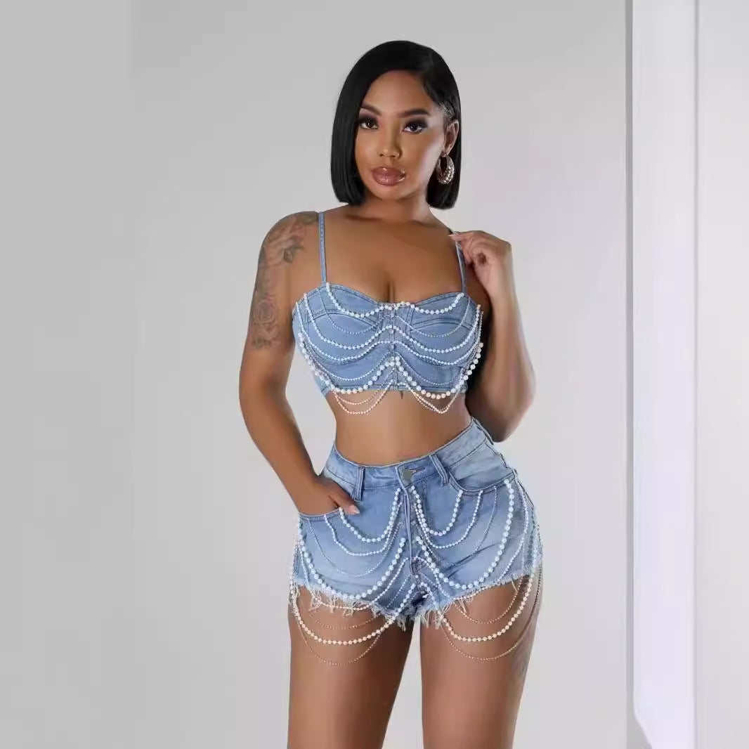 Denim halter top and shorts set