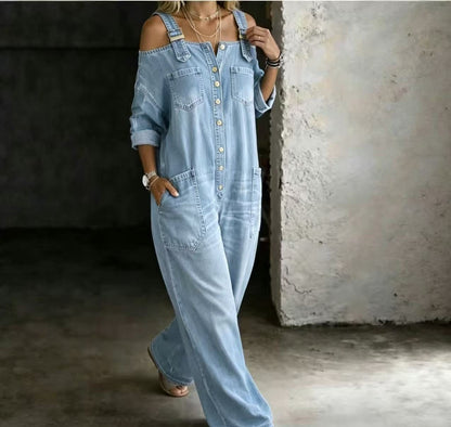 Denim Jumpsuit with Back Straps