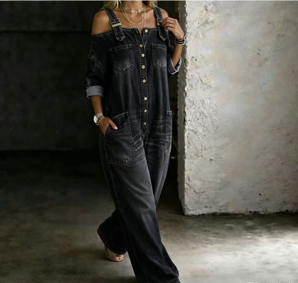 Denim Jumpsuit with Back Straps