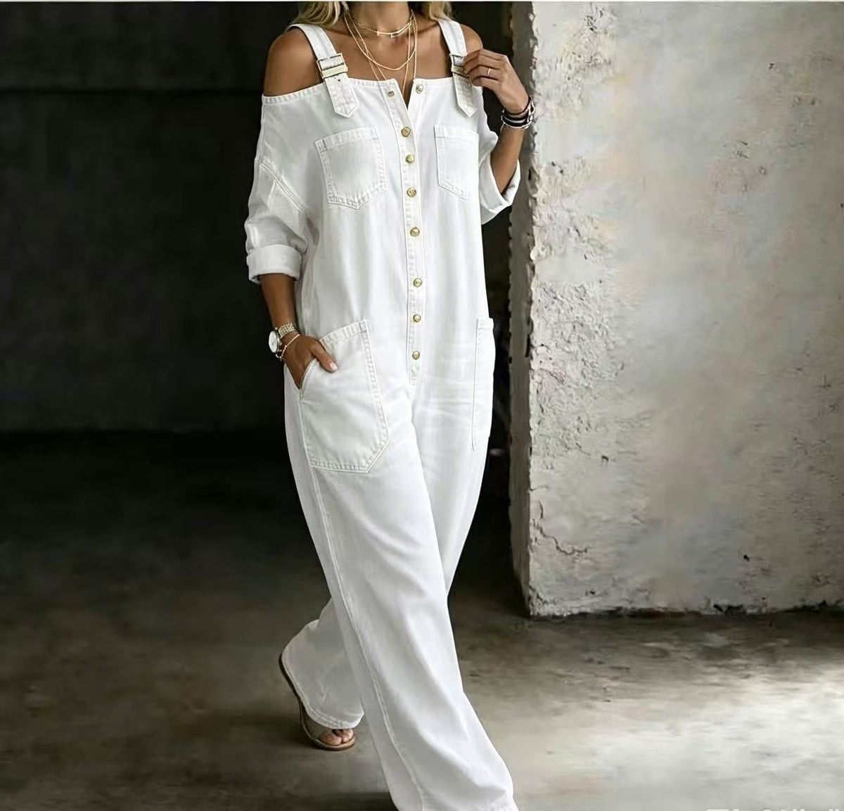 Denim Jumpsuit with Back Straps