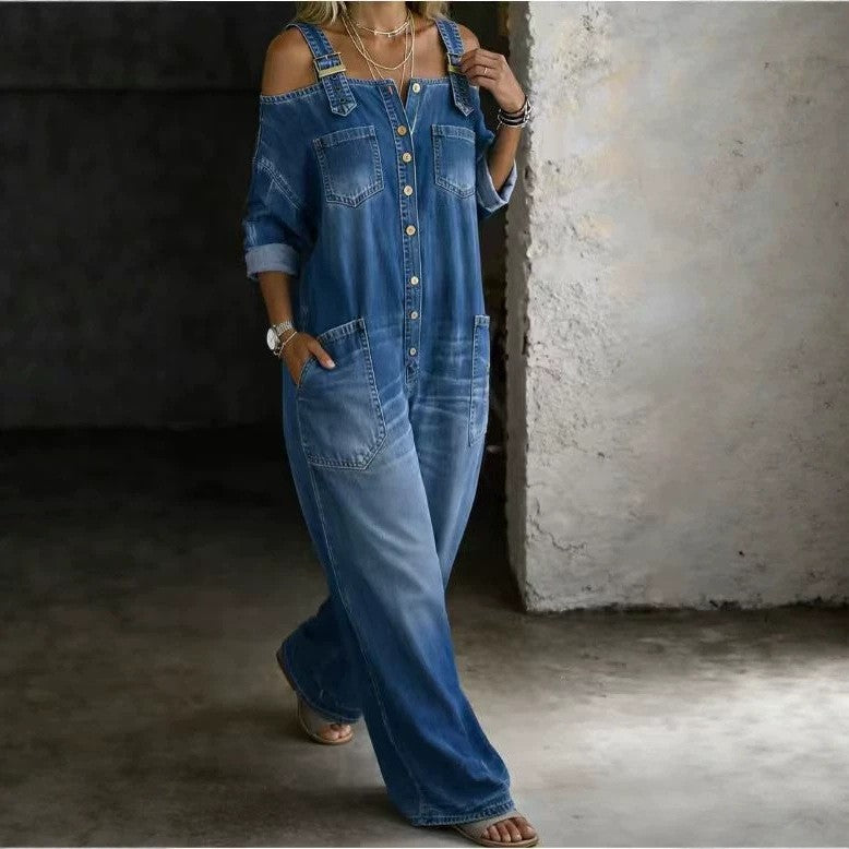 Denim Jumpsuit with Back Straps