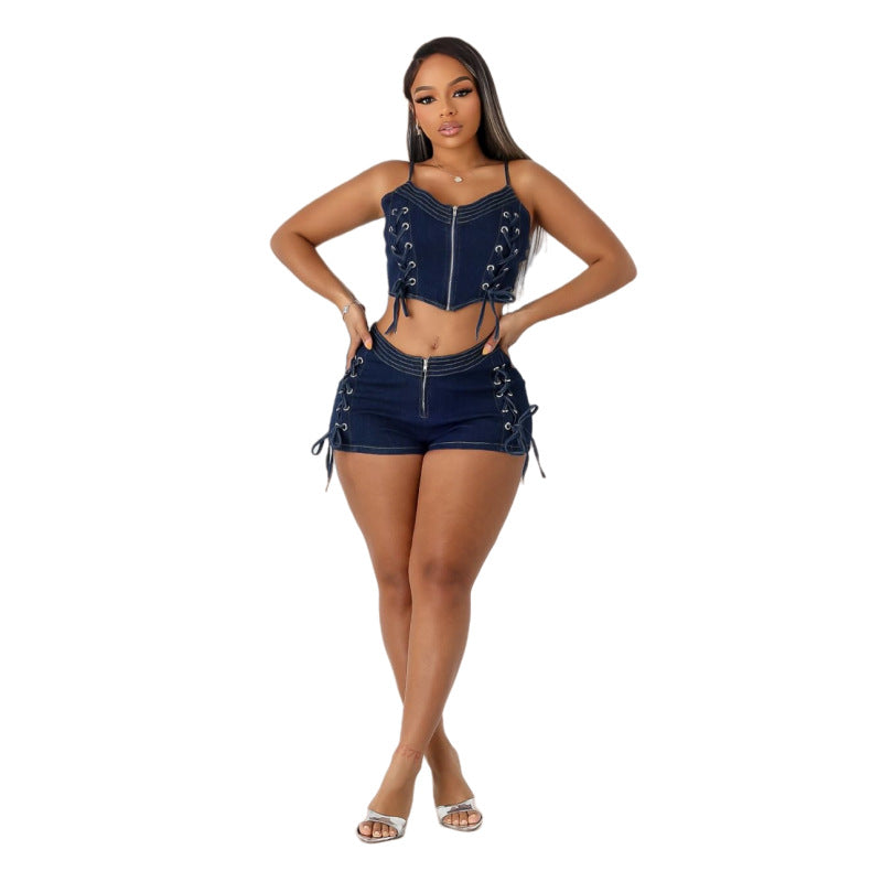 Denim Lace-Up Vest Elastic Shorts Suit