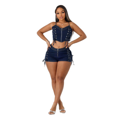 Denim Lace-Up Vest Elastic Shorts Suit