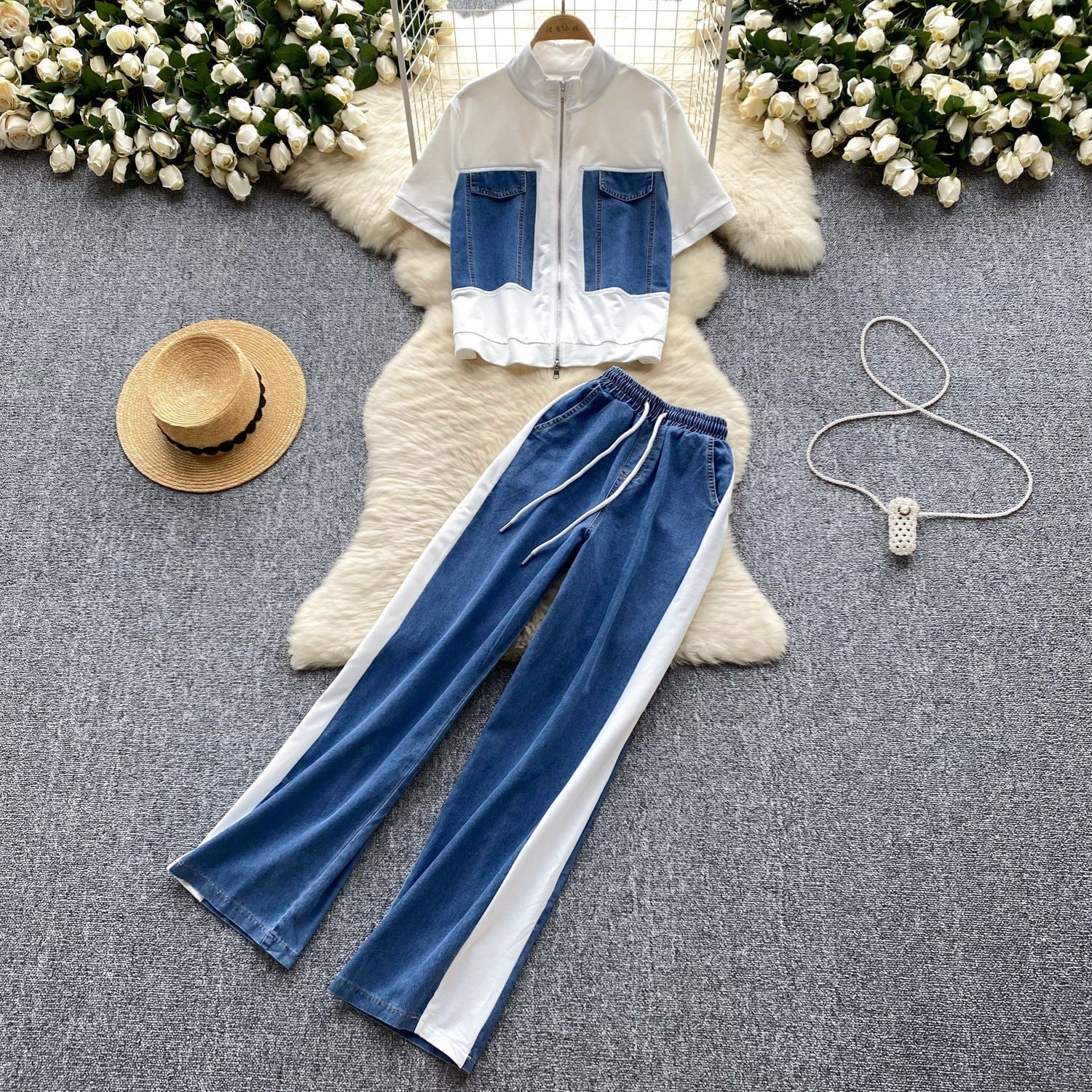 Denim patchwork irregular ensemble