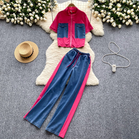 Denim patchwork irregular ensemble