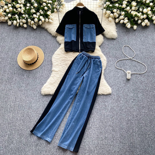 Denim patchwork irregular ensemble