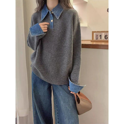 Denim Patchwork Knit Sweater