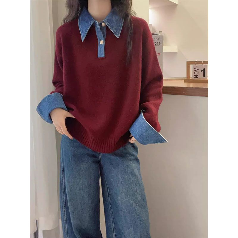 Denim Patchwork Knit Sweater