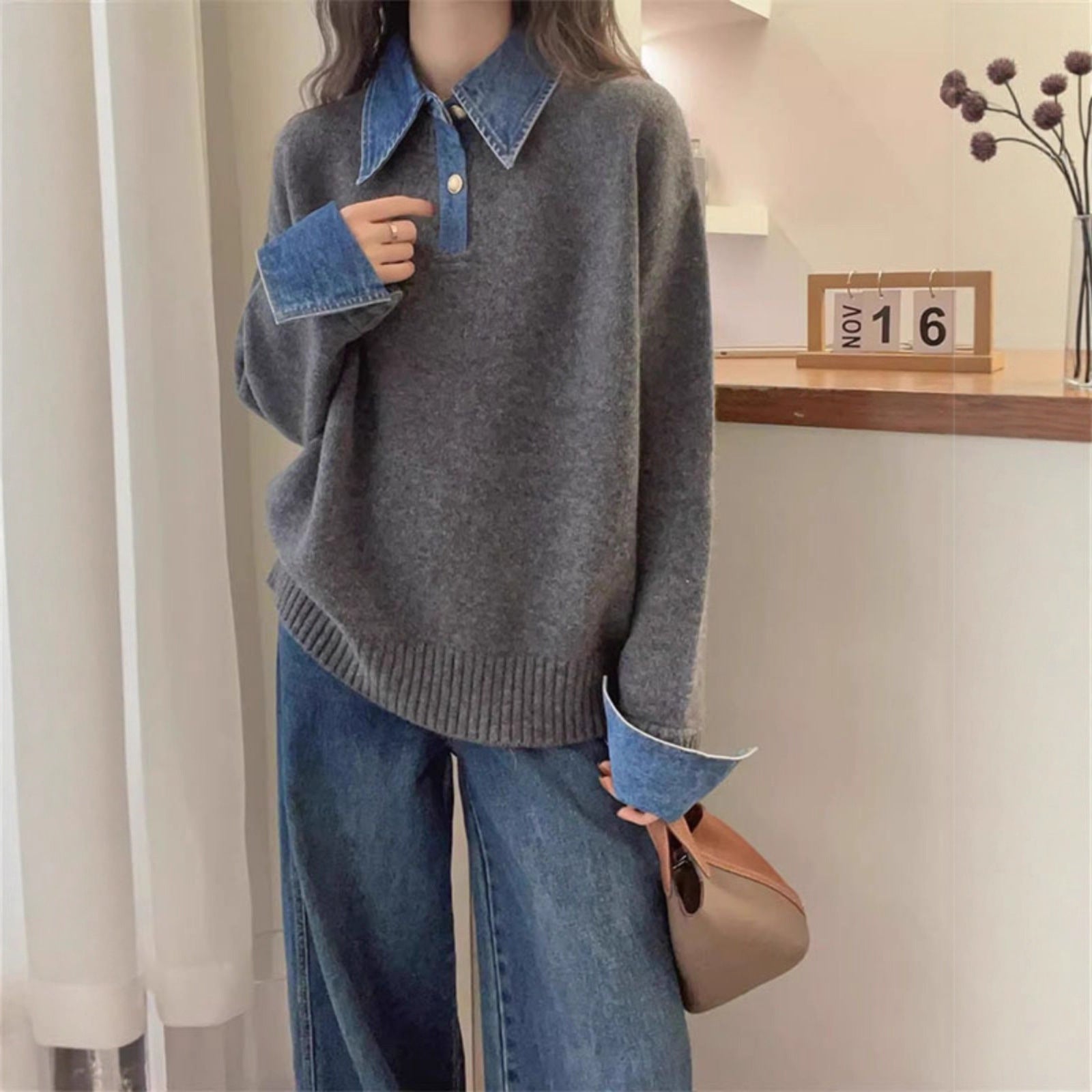 Denim Patchwork Knit Sweater