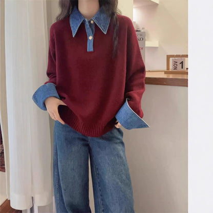 Denim Patchwork Knit Sweater