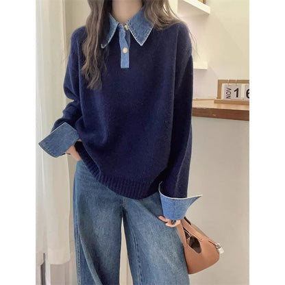 Denim Patchwork Knit Sweater