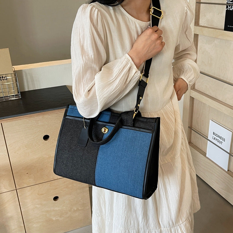 Denim Patchwork Shoulder Tote Bag