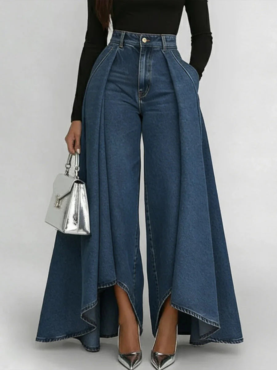 Denim printed straight-leg pants