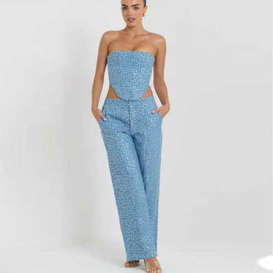 Denim Sequin Tube-length Wide Leg Pants suit
