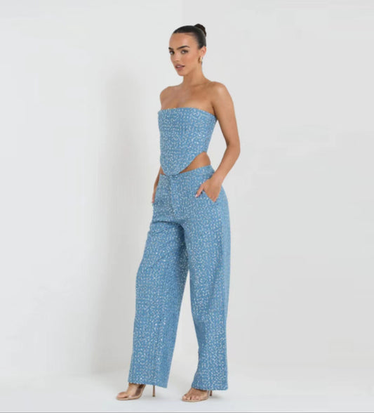Denim Sequin Tube-length Wide Leg Pants suit