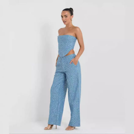 Denim Sequin Tube-length Wide Leg Pants suit