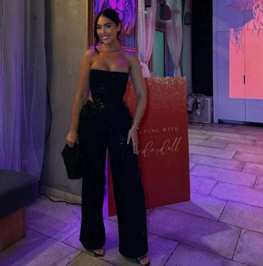 Denim Sequin Tube-length Wide Leg Pants suit