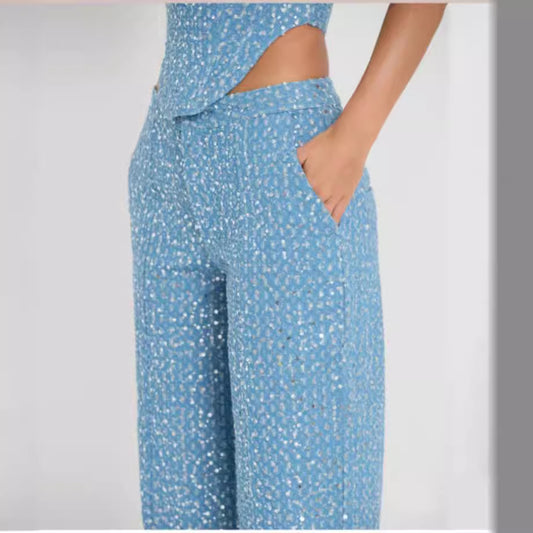 Denim Sequin Tube-length Wide Leg Pants suit