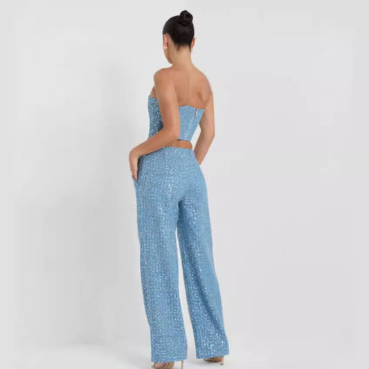 Denim Sequin Tube-length Wide Leg Pants suit