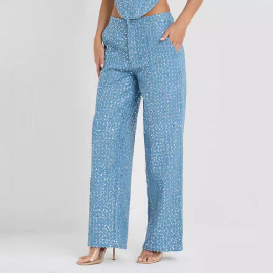 Denim Sequin Tube-length Wide Leg Pants suit