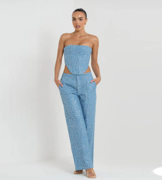 Denim Sequin Tube-length Wide Leg Pants suit