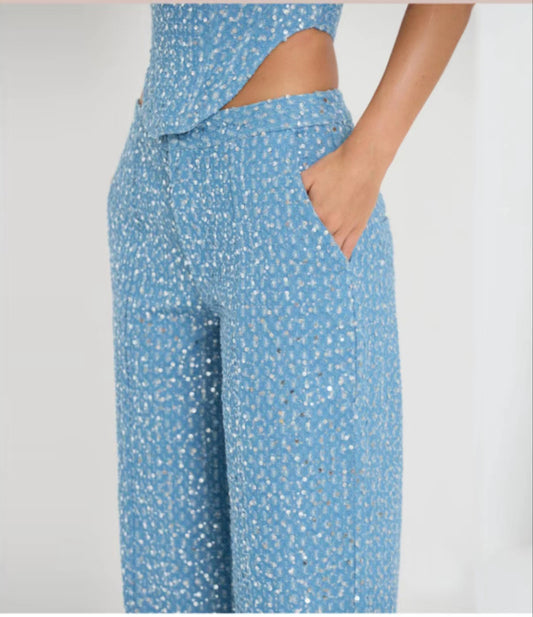 Denim Sequin Tube-length Wide Leg Pants suit