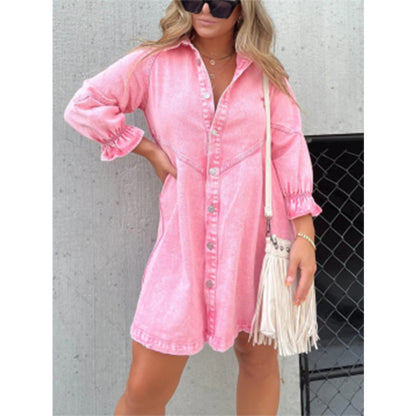 Denim Shirt Dress with Lantern Sleeves