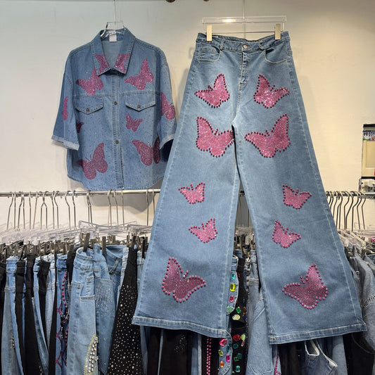 Denim shirt straight-leg slimming wide-leg pants