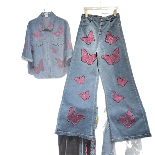 Denim shirt straight-leg slimming wide-leg pants