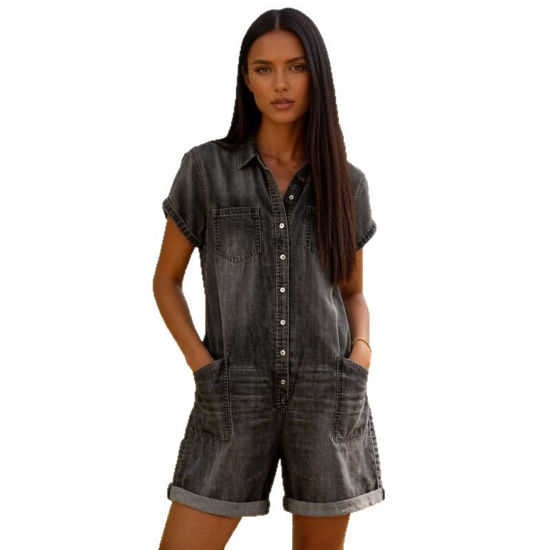 Denim Short Sleeve Jumpsuit