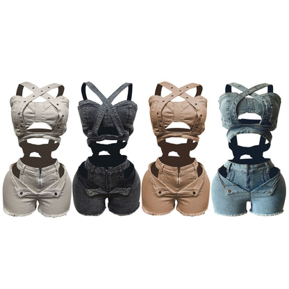 denim shorts set