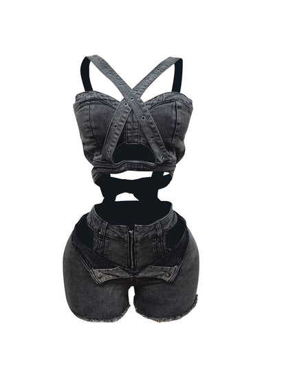 denim shorts set