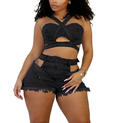 denim shorts set