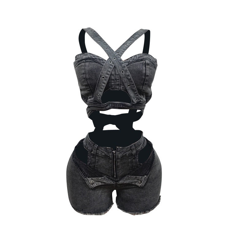 denim shorts set