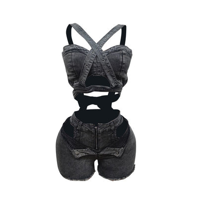 denim shorts set
