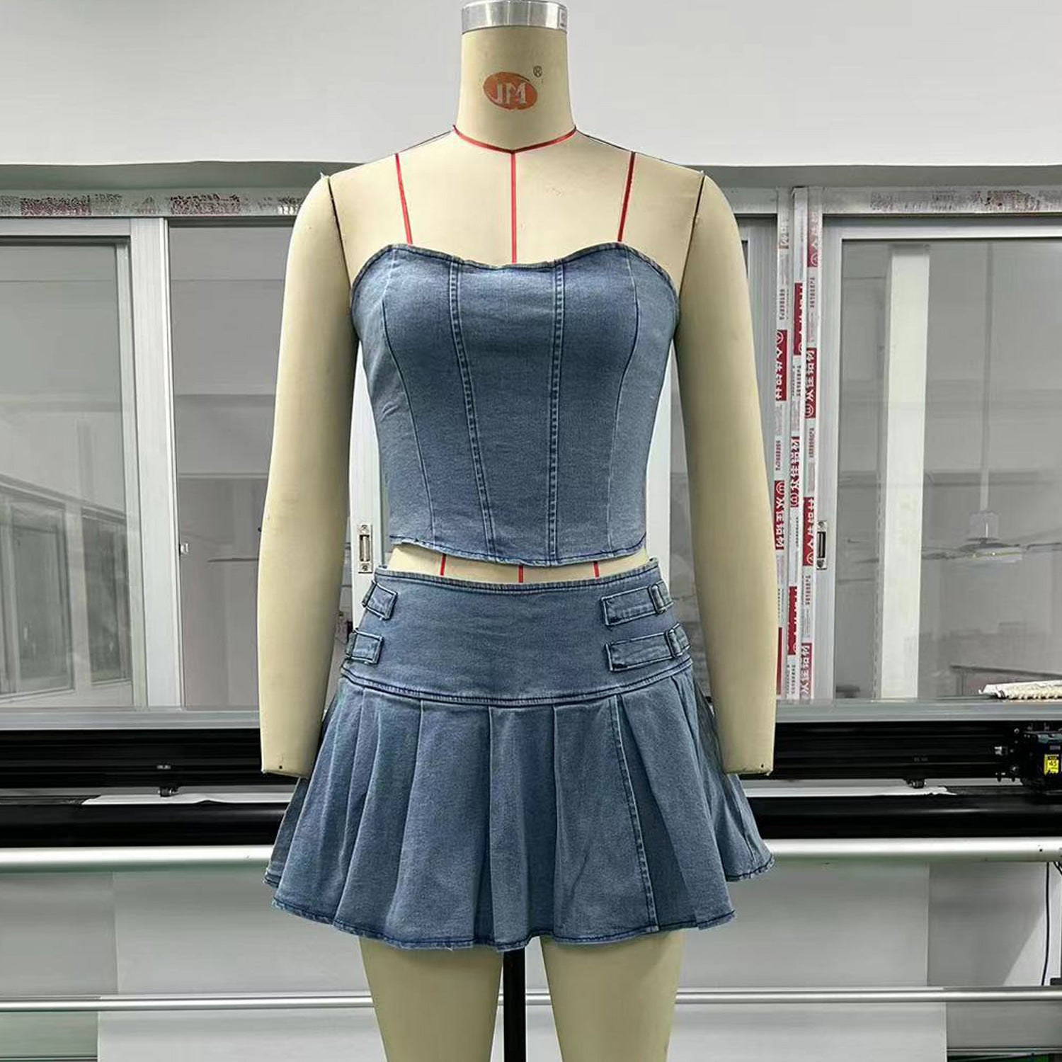 Denim Skirt Set with Tube Top and Pleated Skirt